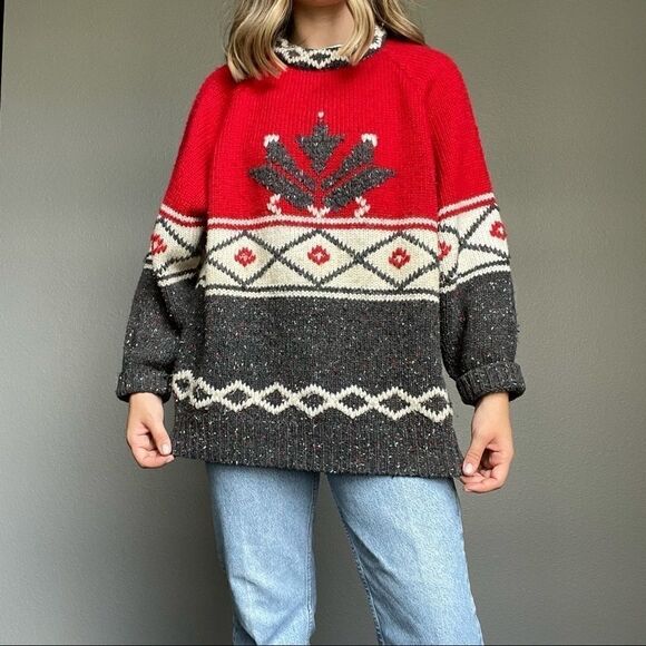 Vintage 80s Women’s Striped Nordic Style Fair Isle Crewneck Oversized Sweater L - Picture 1 of 8